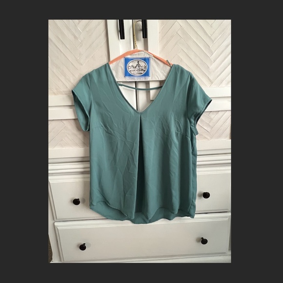 Teal V neck Loose Fit short sleeve blouse - Picture 2 of 2